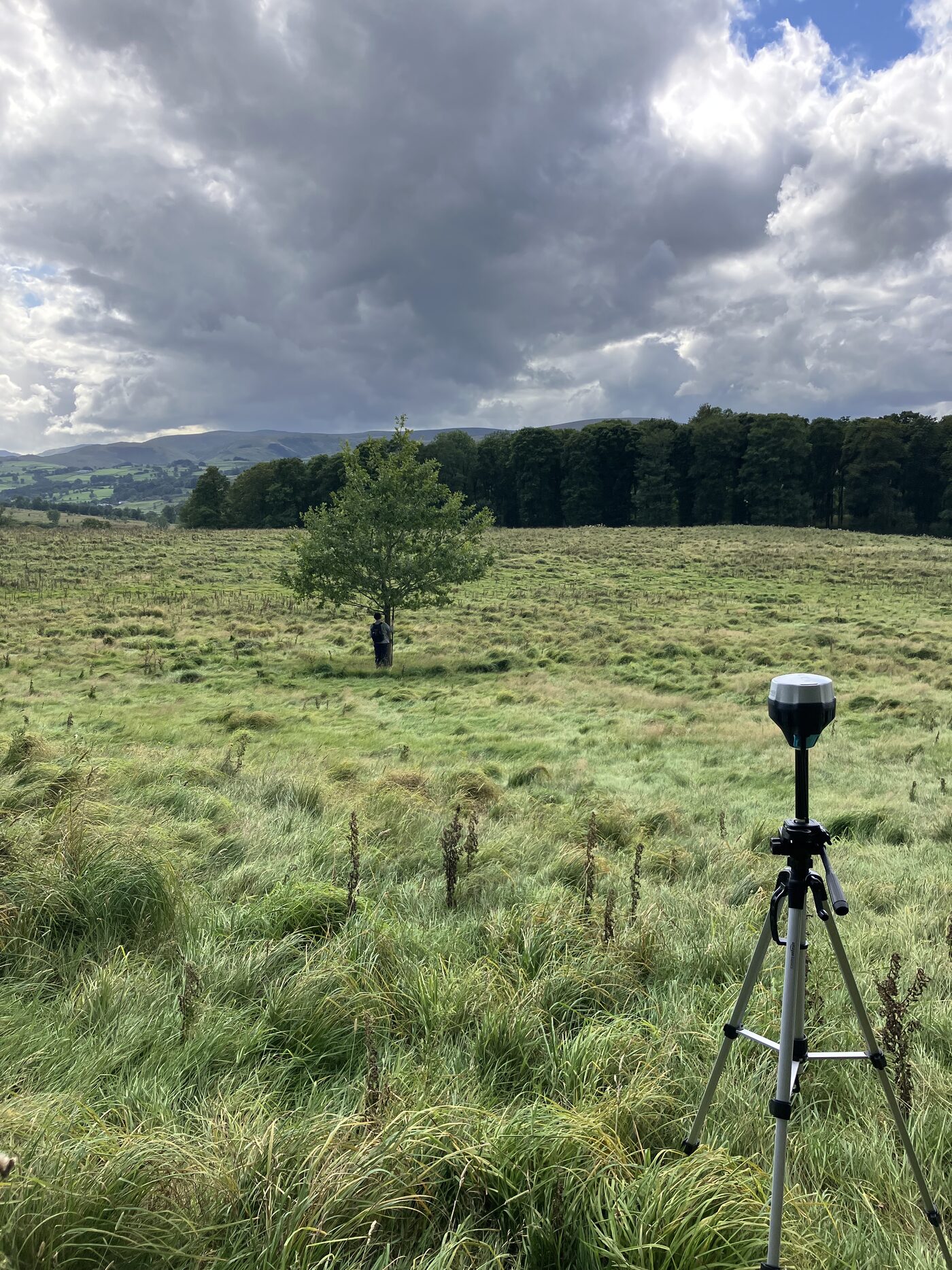 A GPS sensor mounted on a tripod in a field in Cumbria, with a researcher standing beside a tree in the background