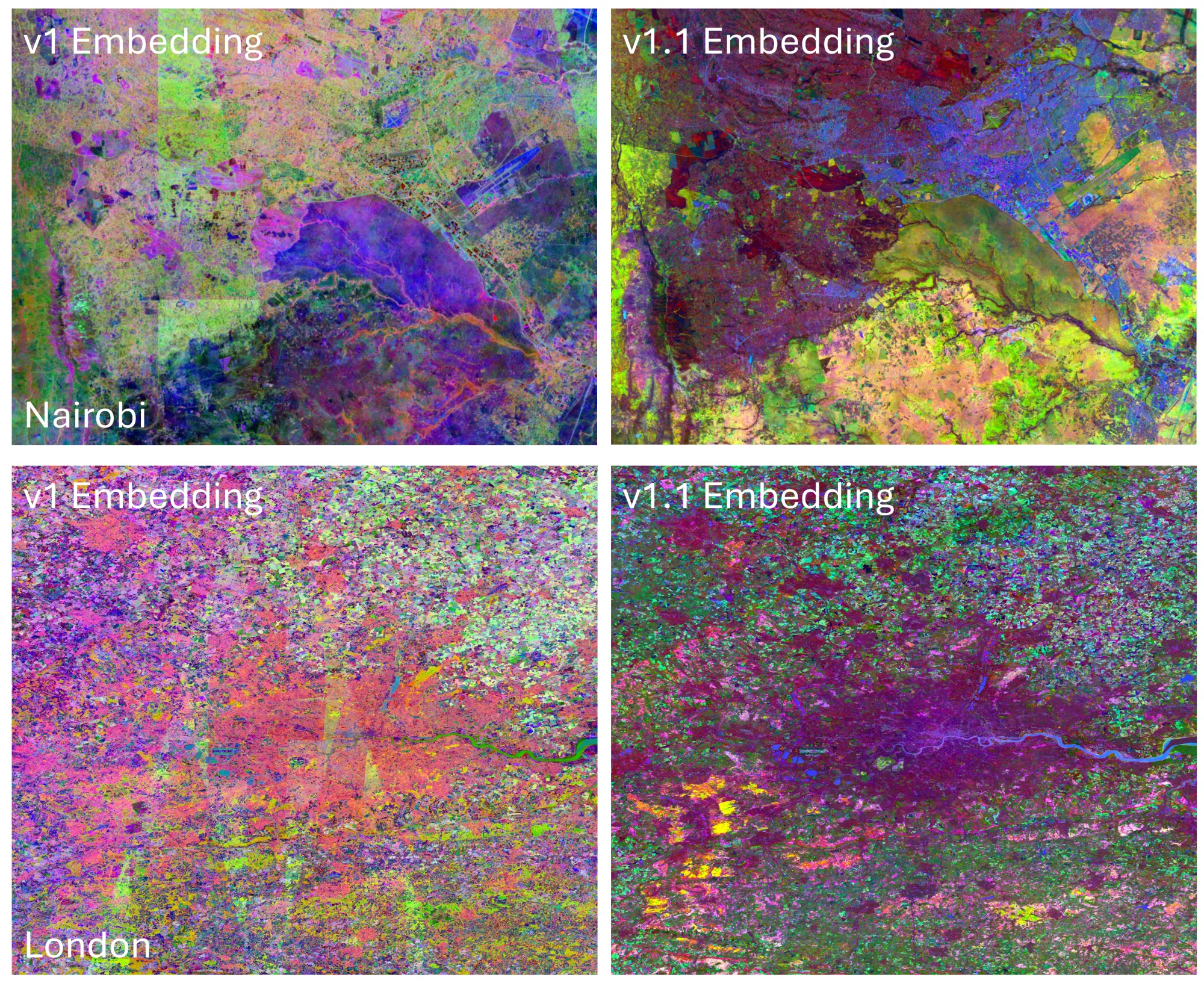 Side-by-side comparison of TESSERA v1.0 and v1.1 embeddings visualised in false colour, showing reduced tiling artefacts and cleaner low-observation areas in v1.1